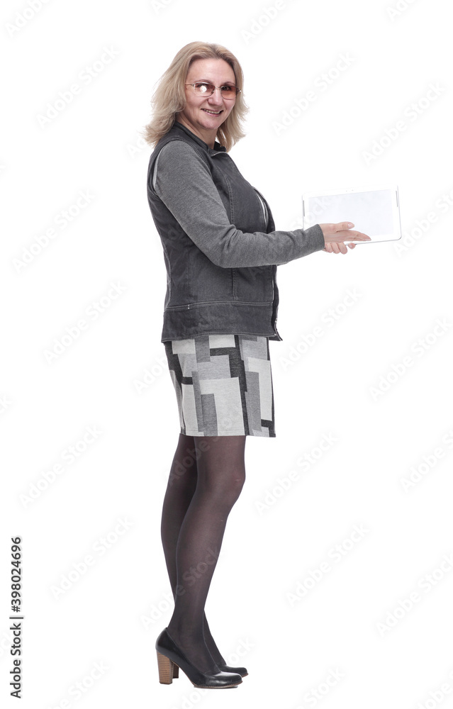 casual young woman using a digital tablet . isolated on a white casual young woman using a digital tablet . isolated on a white