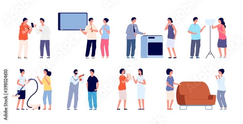 Seller characters. Woman shop, retail sellers with customers. Friendly retail market, promoters advertise goods to shoppers utter vector set. Illustration shopping customer, seller household tools