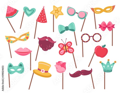 Photo booth props. Carnival accessories, photobooth mask costume elements. Color birthday wedding party vintage exact decorative vector set. Illustration celebration holiday elements to photo booth