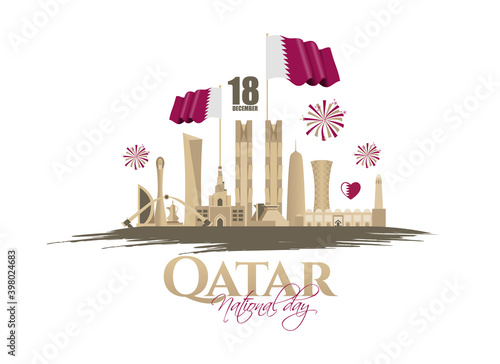 Qatar National Day of Qatar. a national holiday celebrating the union and gaining independence Qatar December 18, 1878. silhouettes sights of Qatar capital of Doha vector holiday illustration.