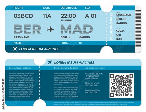 Realistic boarding pass. Airplane ticket template, flight blank invitation front and back view. Isolated travellers flyers recent vector set. Illustration flight ticket, airplane boarding card
