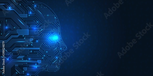 Artificial intelligence concept. Robot face, digital ai science machine background. Technology futuristic wireframe recent vector banner. Illustration artificial face, brain cyber learning in network