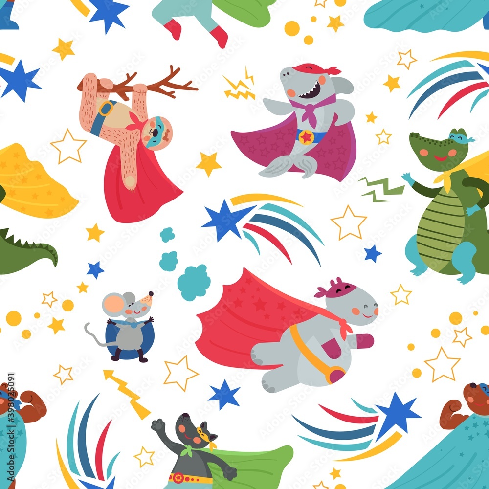 Superhero pattern. Cartoon heroes, baby flying animals seamless texture. Wild superman characters, bear sloth vector background. Costume superhero animal, kids wrapping with characters illustration