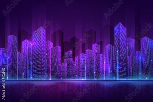 Futuristic city building. High neon cityscape, abstract night downtown panorama. Digital smart town, 3d modern property recent vector concept. Illustration neon building illuminated downtown