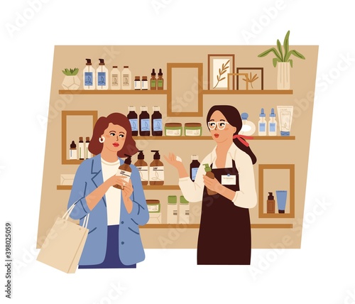 Woman in cosmetic shop. Beauty product, girl choose shampoo or nature cream. Store of organic eco korean face care swanky vector concept. Beauty shop with cosmetic for face, cosmetology illustration