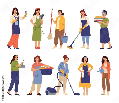 Housewives mother cooks, housekeeper woman cleaning home. Isolated girl cleans, washing female domestic working vector set. Housewife and housework, character housekeeper housekeeping illustration