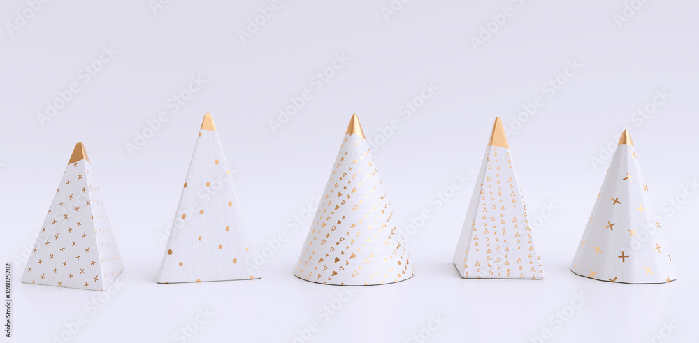 Obraz premium Gold white Christmas concept, geometric Christmas trees in a row, happy new year minimal background 3d illustration