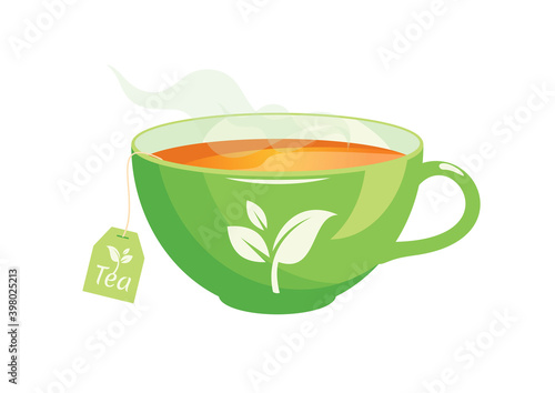 Green cup of hot tea icon vector. Hot tea in a green cup vector. Tea bag in a mug vector. Green cup with tea leaf icon isolated on a white background