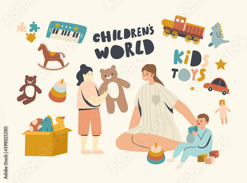 Nurse or Mother Female Character Playing with Little Kids in Playroom. Children Play with Toys in Kindergarten or Home