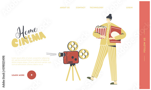 Female Character in Pajama Home Cinema Recreation Landing Page Template. Woman Watching Movie and Relaxing at Home