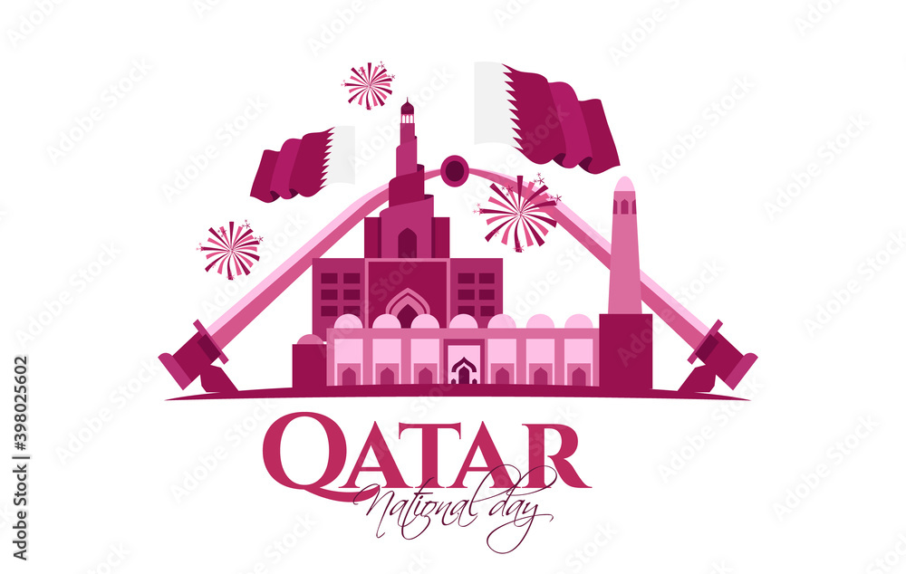 Qatar National Day of Qatar. a national holiday celebrating the union and gaining independence Qatar December 18, 1878. silhouettes sights of Qatar capital of Doha vector holiday illustration.