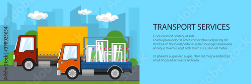 Road transport and logistics, small covered truck and cargo van with windows drive on the road on the background of the city, transport services banner, vector illustration