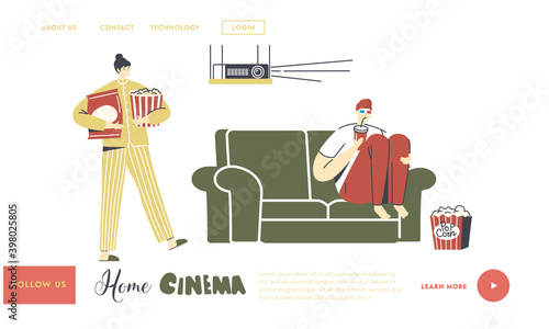 Weekend Evening Leisure Landing Page Template. Characters Home Cinema Recreation. Man in Glasses Sit at Sofa with Soda