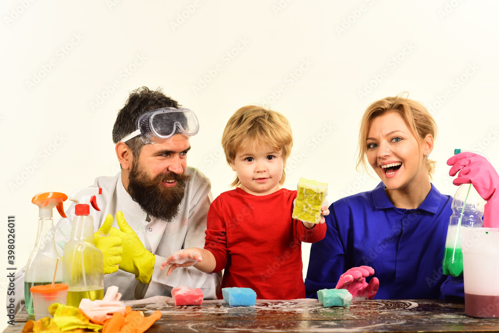 Cleaning time. Cleaning spray. Desinfection. Home cleaning. Soap. Family clean together. Playing with cleaning tools. Cleaning time. Cleaning spray. Desinfection. Home cleaning. Soap. Family clean together. Playing with cleaning tools.