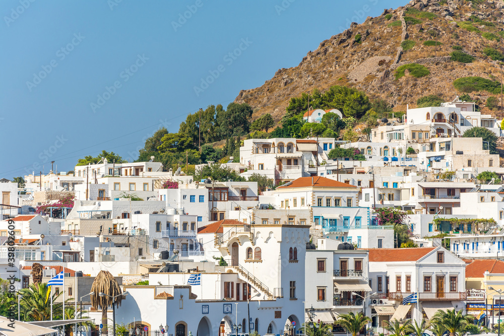 Skala Village view from sea in Patmos Island. Patmos Island is populer tourist destination in Greece.