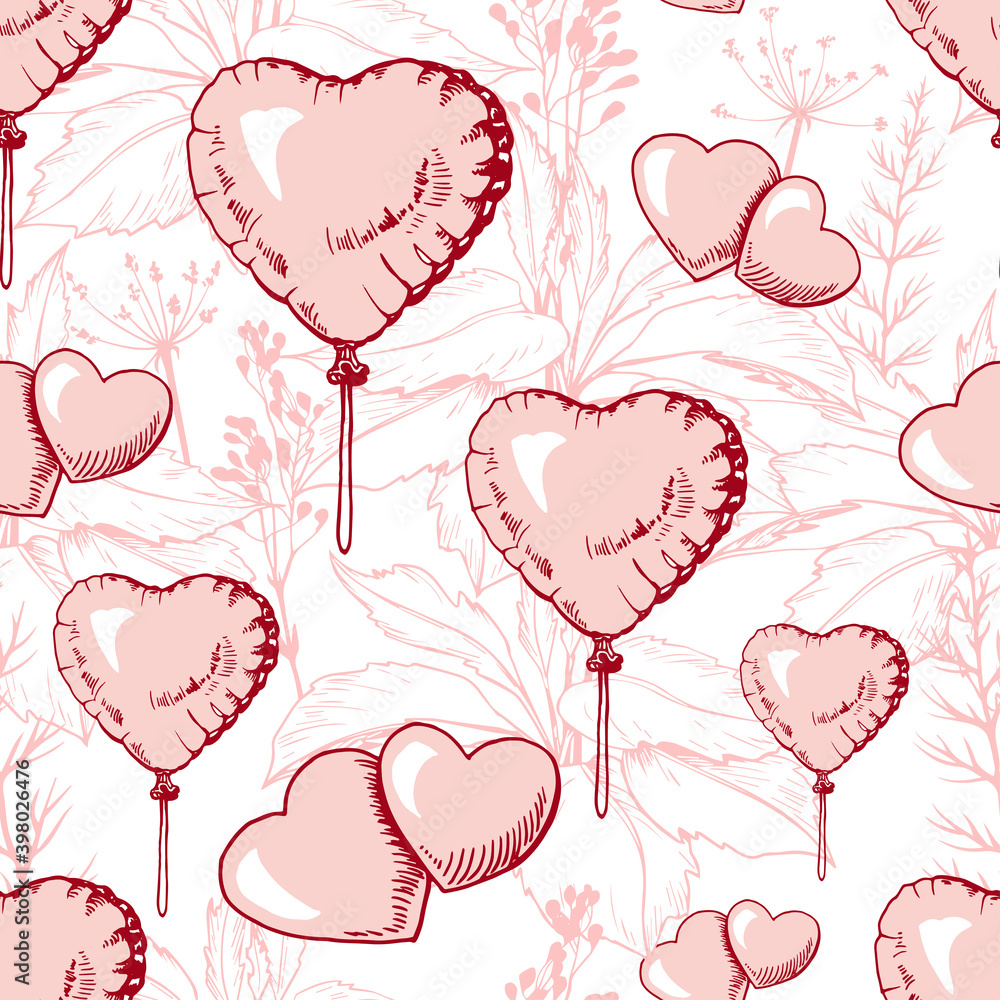 Seamless pattern with pink hearts and flowers.