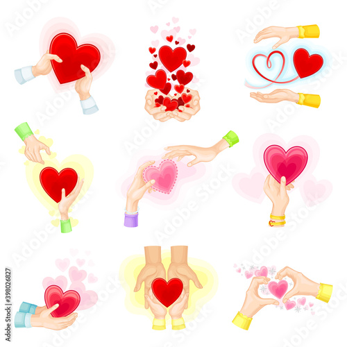 Human Hands Holding and Giving Red Heart as Love and Affection Sign Vector Set