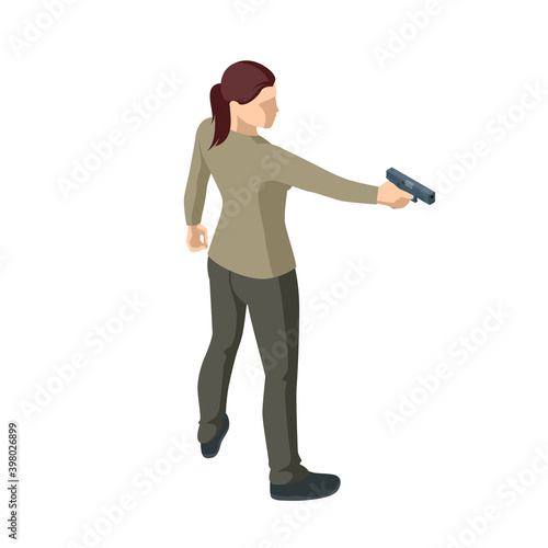Isometric woman with a gun in his hand iolated on white. Male policeman, spy or criminal holding. Back view