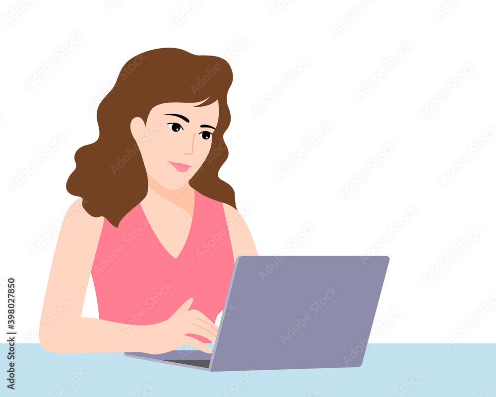 Woman working laptop computer. Woman looking at screen, chatting, reading or writing email. Vector illustration. Woman working laptop computer. Woman looking at screen, chatting, reading or writing email. Vector illustration.