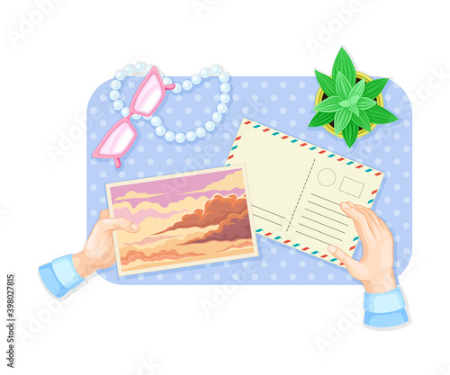 Human Hands Writing Letter and Signing Postal Card at Table Above View Vector Illustration