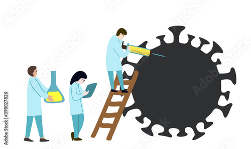 Medic science laboratory people discovering and testing vaccine at corona virus, covid. Medicine concept for researching treatment of immune protection. Pharmacy science flat vector