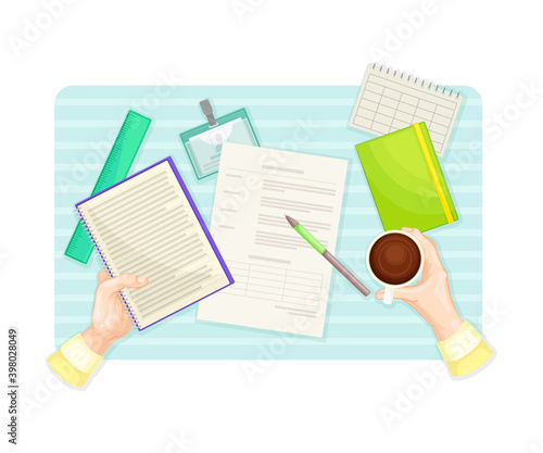 Desk Above Layout with Human Hands Filling up Document Form and Drinking Coffee Vector Illustration