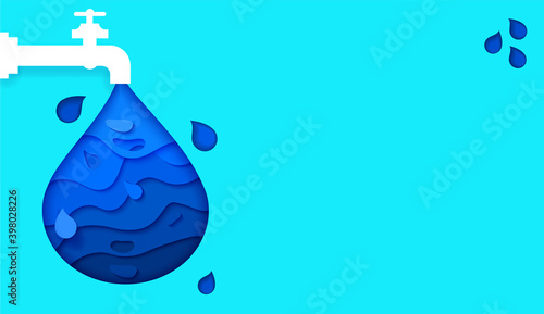 Blue Banner, Save water earth recourses ecological concept for environmental infographic. paper cut style. Vector illustration.