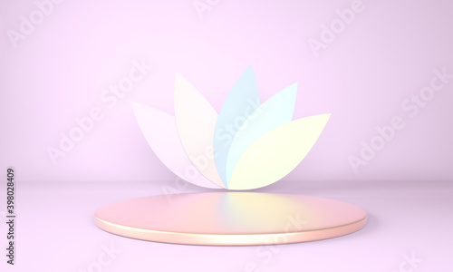 Product display podium decorated with leaves on pastel background  3d illustration