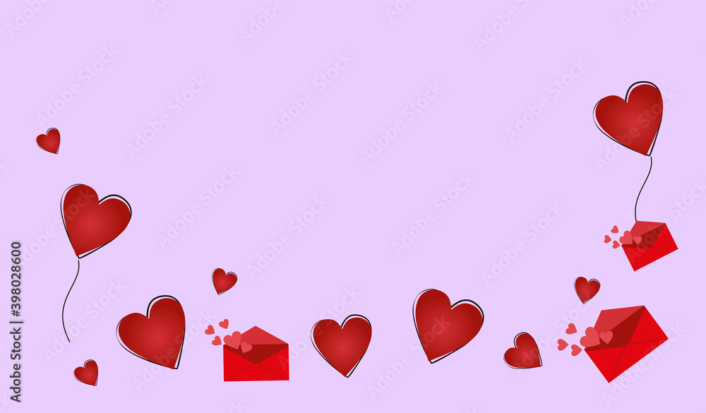 Bright red hearts and letters on a lilac background.