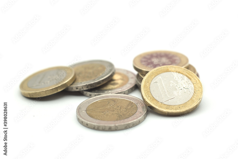 Closeup of euro coins on white background