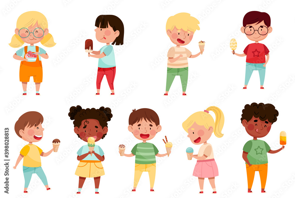 Joyful Boys and Girls Holding and Eating Ice Cream Vector Set