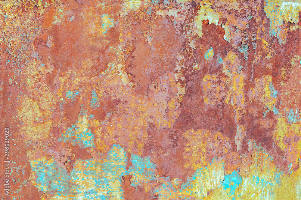 Abstract background, old rusty metal surface with peeling paint.