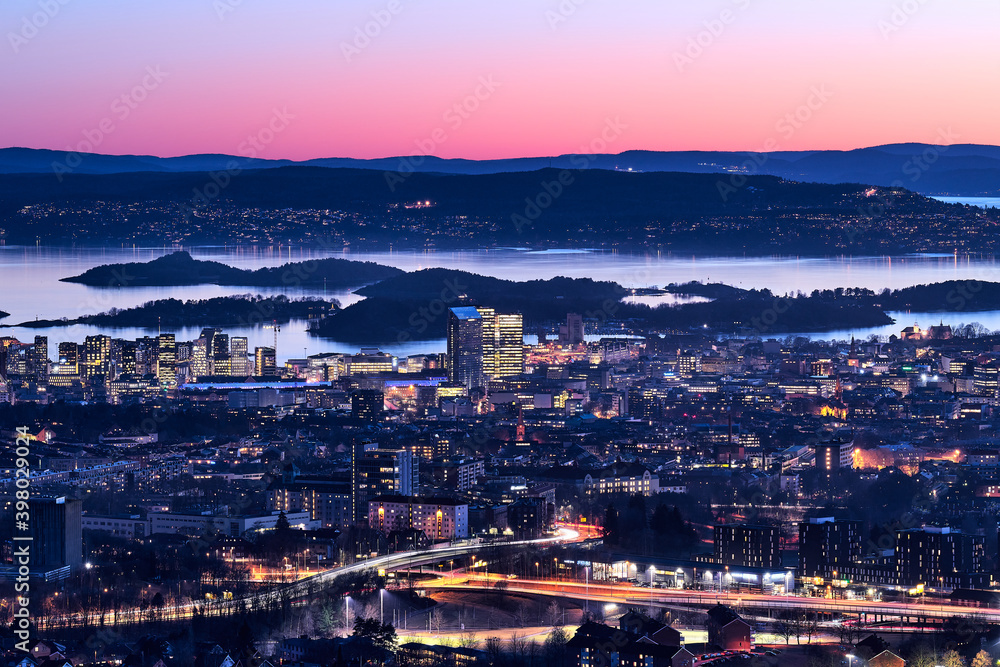 City view of Oslo, Norway during the evening