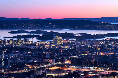 City view of Oslo, Norway during the evening