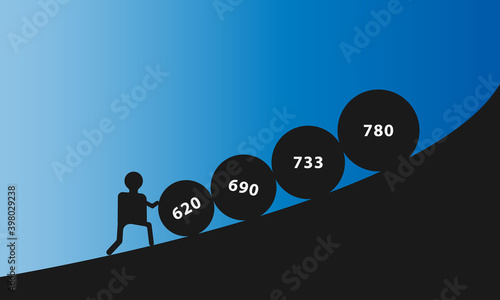 Struggling to get a decent credit score.businessman on top of a hill with growth graph, vector illustration