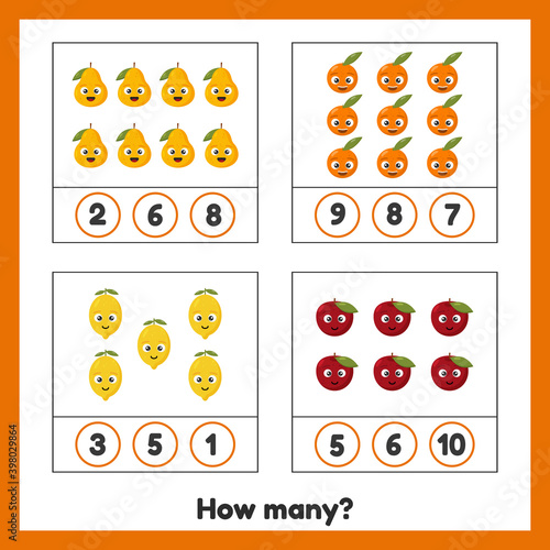 How many fruits. Apple, pear, orange and lemon. Worksheet for kids kindergarten, preschool and school age. Learning numbers. Counting game.