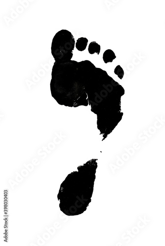 right foot black print isolated element on white background. Illustration of a naked human leg. Silhouette of a human footprint.