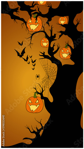 Halloween composition of a tree covered with jack-o-lanterns, spiders, web on...
