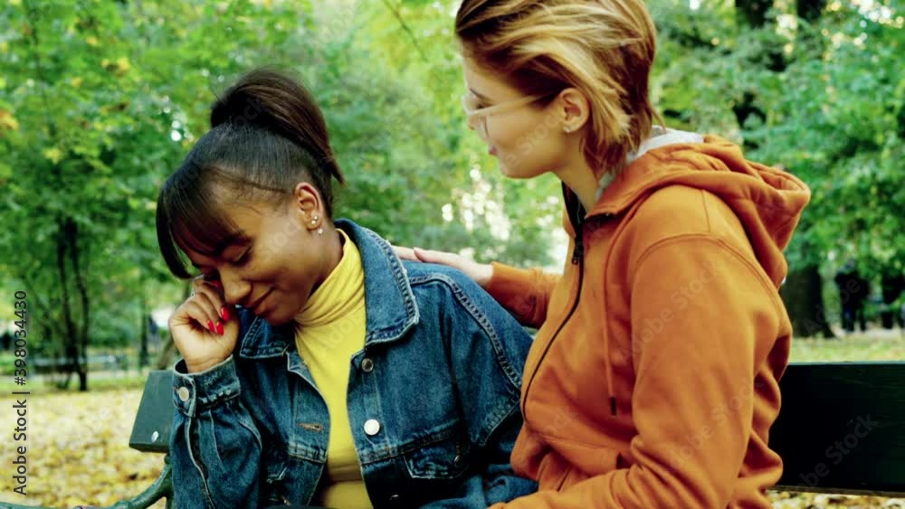 Young woman comforting her sad friend in autumn park, 4K
Young woman comforting her sad friend in autumn park, 4K