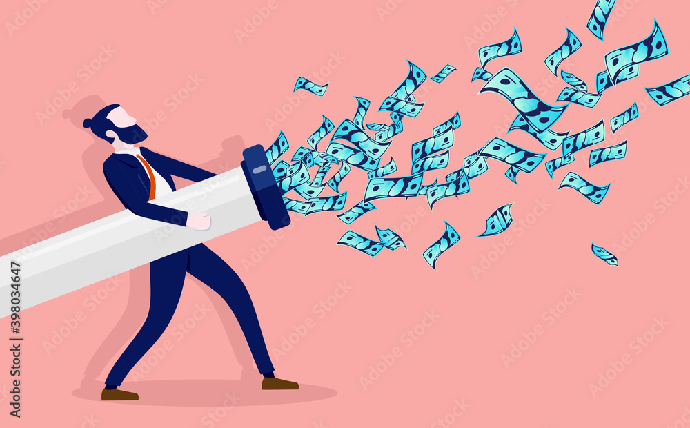 Αυτοκόλλητο Business expenses - Man holding pipe spraying dollar bills in the air