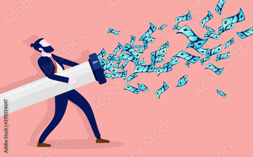 Business expenses - Man holding pipe spraying dollar bills in the air. Cash outflow, salaries and spending concept. Vector illustration.
