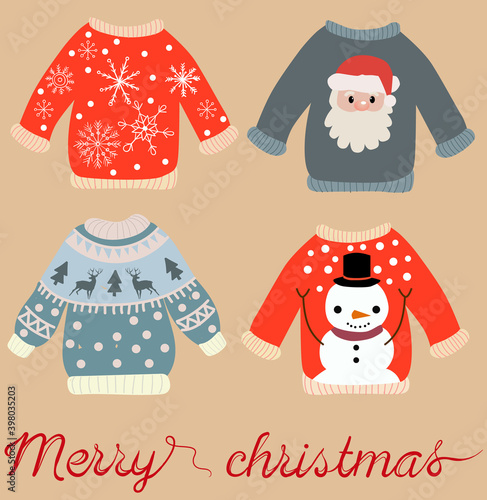 Holiday themed pattern of christmas sweaters with Santa Claus, snowman, snowflakes and elks. Vector
