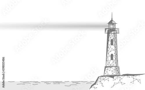 Lighthouse tower emit light lamps and lenses navigation for maritime pilots at sea ocean. Searchlight beam marine night low poly. Safety dangerous coastlines hazard reef rock vector illustration