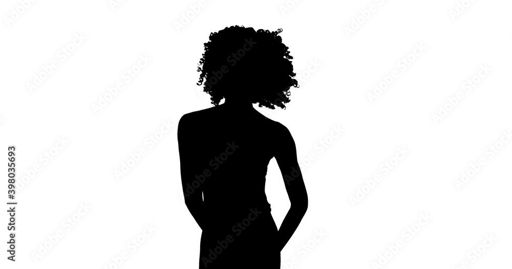 Black silhouette on white background. Slim woman with curly hair dancing hip-hop. Modern street dance concept. Black silhouette on white background. Slim woman with curly hair dancing hip-hop. Modern street dance concept.