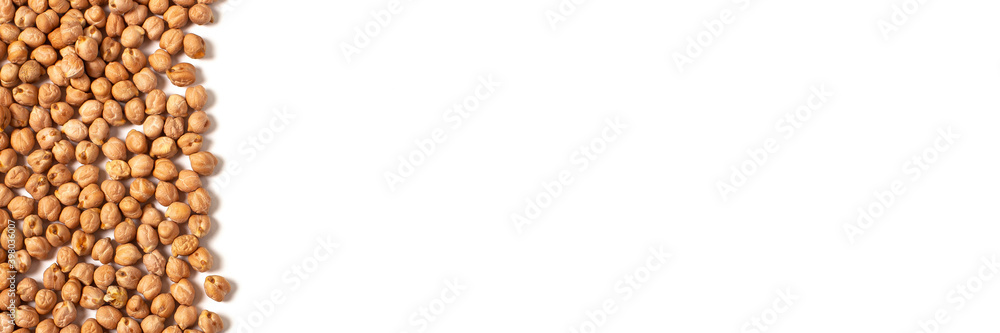 Raw Chickpeas banner isolated on white background with place for text. Top view. Raw Chickpeas banner isolated on white background with place for text. Top view.