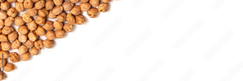 Raw Chickpeas banner isolated on white background with place for text. Top view. Raw Chickpeas banner isolated on white background with place for text. Top view.