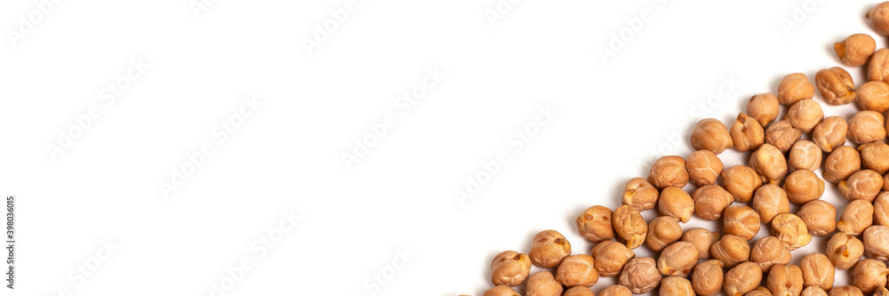Raw Chickpeas banner isolated on white background with place for text. Top view. Raw Chickpeas banner isolated on white background with place for text. Top view.