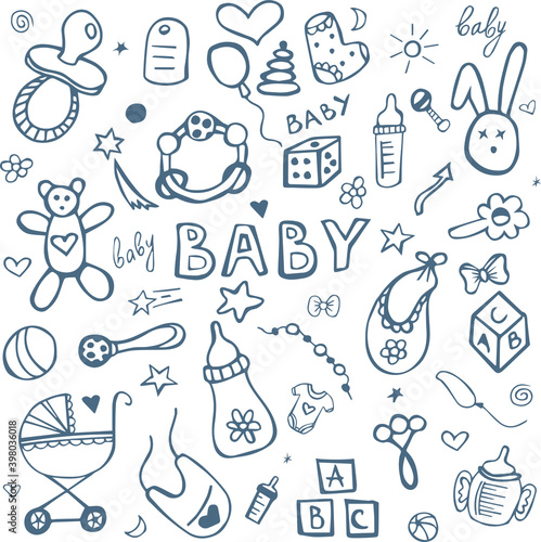 Set hand drawn sketch drawings for children's toys. Doodle set of objects from a child's life, black and white outline. Vector illustration of children's toys.