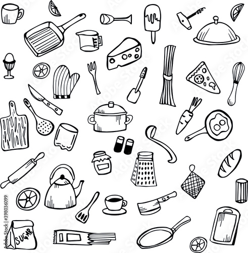Set hand drawn sketch of kitchen items. Doodle set of symbols of kitchen objects. Icons for kitchen items. Vector illustration of kitchen accessories. Pots, food, frying pan, Cup, scrambled eggs.