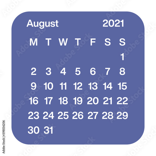 Minimalistic calendar. Printable sticker for Stationery. Smart decor. 2021 year. August. Week starts at Monday. European English Gregorian calendar. Planner and Diary sticker. Bullet journal. 